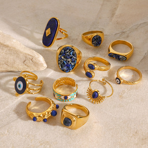 JZ001 Vintage Boho <b>Ring</b> | 18K Gold Plated Stainless Steel With Blue <b>Cat</b> Eye & Jade | Bridal & Everyday Jewelry - Product Image 4