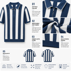 เสื้อโปโลถักลายทางแนวตั้งสำหรับผู้ชายแบบ OEM สั่งทำพิเศษ คอซิป ระบายอากาศได้ดี เหมาะสำหรับฤดูร้อน สไตล์ Old Money สำหรับใส่ไปเที่ยวพักผ่อน - Product Image 2
