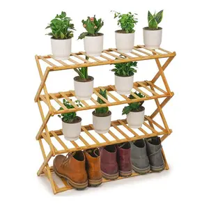 Home Cabinet Collapsable Shoe Stand X-Shaped Bamboo 5 Tiers Free Standing Portable Wooden Foldable Shoe Rack Storage Organizer