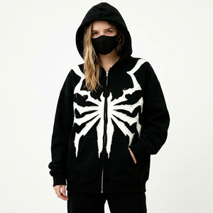 Sudadera Negra con Capucha y Cierre, con Estampado de Araña Blanca, Corte Regular, Unisex, Informal, de Felpa, 100% Algodón, Ecológica, para Otoño - Product Image 1