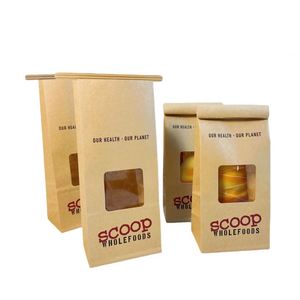 Emballage alimentaire personnalisé à emporter, sac en papier kraft brun à fond carré avec fermeture à lien pour boulangerie, pain, biscuits, friandises, avec fenêtre - Product Image 1