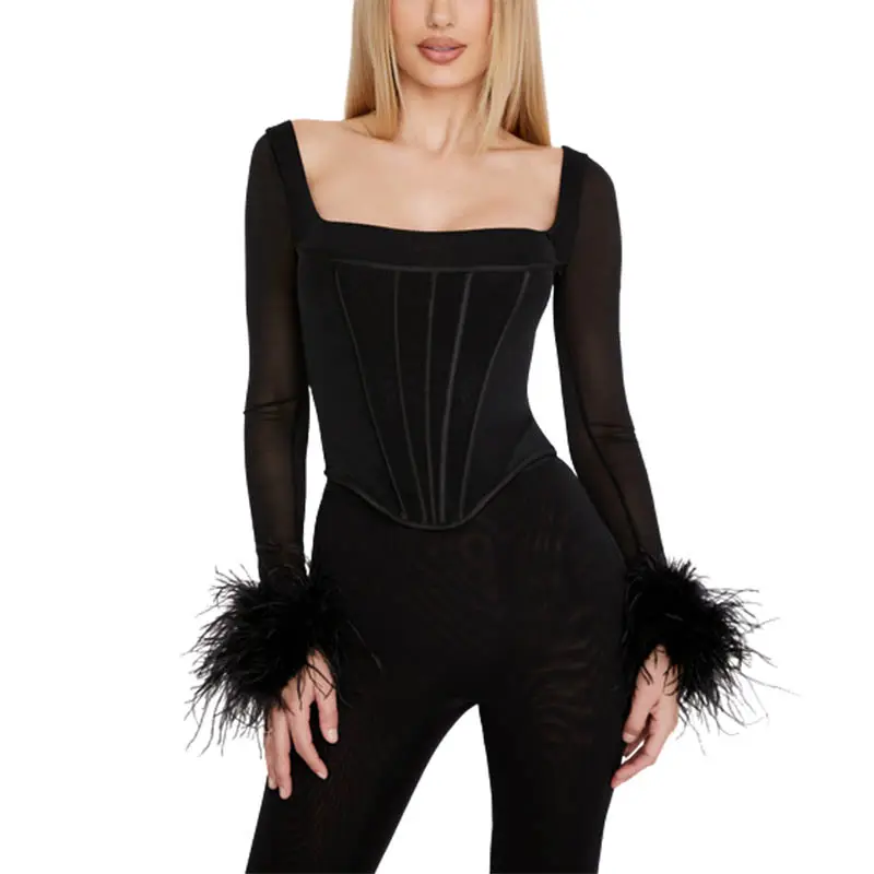 Customized High Quality Ladies bodice Tops Black Feather Embellished Long Sleeve Mesh Body Tight Fishbone Corset