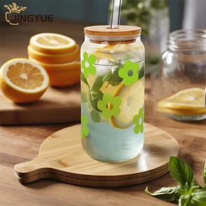 Vasos de Vidrio con Forma de Lata de 16 oz, Impresión Personalizada, Patrón Atractivo, con Tapas de Bambú y Pajitas para Té con Leche - Product Image 2