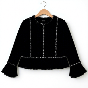 <b>Women's</b> Black Woolen Solid <b>Tweed</b> <b>Jacket</b> with Ruffles Lantern Sleeve O-Neck Short Elegant Winter Coat - Product Image 1