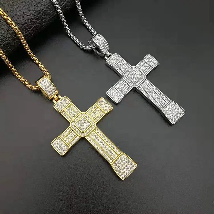 Neuer Großhandel Hochwertiger Hip Hop Edelstahl Vergoldet Christian Jesus Kreuz Anhänger Halskette Kristalls chmuck Für Unisex