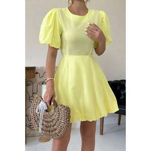 Vestido de Lino Amarillo con Espalda Descubierta, Corte en A, Cuello Redondo, Cintura Natural, Transpirable, Informal, para Uso Diario - Product Image 2