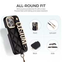 Étui de téléphone personnalisé en cuir véritable de luxe antichoc avec broderie et support pour 13/12/11 Pro Max 15/16 Pro Max, nom doré