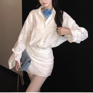 Abito Camicia Sexy da Donna S-L con Rosa Bianca Traforata Effetto Luce Lunare, Antirughe, Primaverile, Personalizzabile all'Ingrosso - Product Image 5