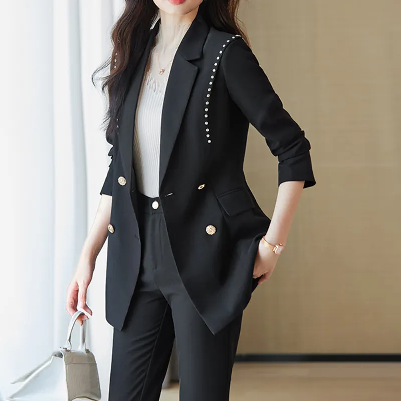 Custom Hot Sale Notched Collar, Slim Fit Blazers For Women Office School Business Formal Classic Lady Black Suit/