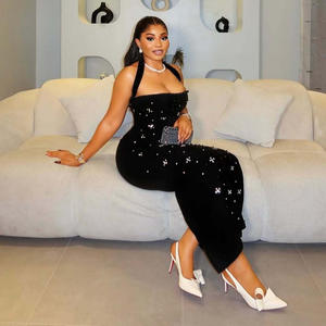 Abito Lungo <span class=keywords><strong>da</strong></span> <span class=keywords><strong>Sera</strong></span> <span class=keywords><strong>da</strong></span> <span class=keywords><strong>Donna</strong></span> di Lusso Nero Aderente con Allacciatura al Collo e Perline di Diamanti e Strass - Product Image 4