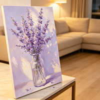 Peinture à l'huile impressionniste de nature morte, lavande pastel sereine, peinte à la main, vase de fleurs violet pâle, toile haute définition pour mur
