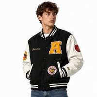 Blouson universitaire personnalisé OEM en laine avec manches en cuir PU, broderies chenille et patchs, style vintage pour homme, motif argyle