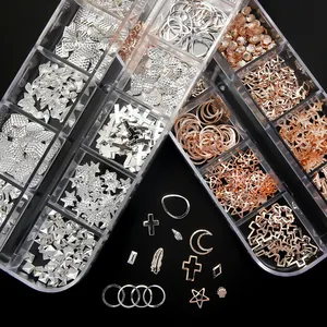12 Grids 3D Nail Art Decoration Sun Star Moon Series Siver Rose Metal Rivets Studs Charms Sparkle Jewelry Nail Design Supplies