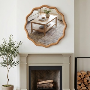 <b>Oak</b> Color 24 Inch Wavy <b>Round</b> Solid Wood Frame Decorative <b>Mirror</b> For Bedroom Bathroom Living Room Entryway - Product Image 3