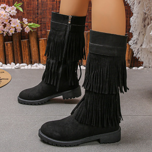 Mode européenne américaine mi-mollet <span class=keywords><strong>bottes</strong></span> en <span class=keywords><strong>daim</strong></span> femmes grande taille rétro talon mince sans lacet gland chevalier <span class=keywords><strong>bottes</strong></span> hauteur - Product Image 4