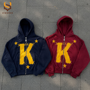 Custom High Quality Rhinestone Print <b>Zip</b> Up Hoodie Heavyweight 100% Cotton French Terry Oversized Men Sun Faded Hoodie - Product Image 3