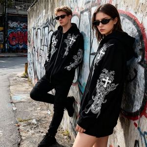 Sudadera con capucha unisex oversize de streetwear con hombros caídos, lavado ácido, bordado 3D, estampados gráficos personalizados, corte cropped, estilo boxy, con cremallera, Y2K - Product Image 2