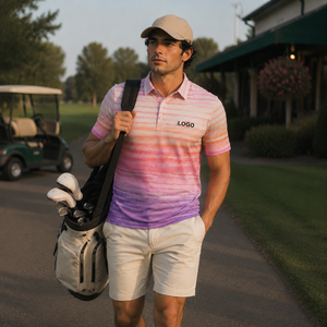 Custom Logo Gradient Golf <b>Polo</b> Shirts for Men Pink <b>Orange</b> Ombre Stripe Print Short Sleeve Private Label OEM ODM Manufacturer - Product Image 2