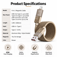 Kabel Pengisian Daya Magnetik 4 in 1 Premium 65W dengan Jalinan Nilon, Aksesoris Ponsel Grosir
