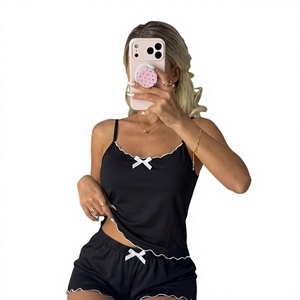 Service OEM Vente en Gros Ensemble Lounge 2 Pièces Femme Été Printemps Tricoté Imprimé Cœur Caraco et Short - Product Image 5
