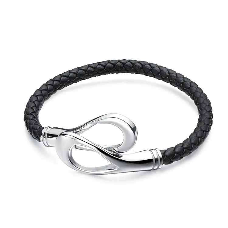 wholesale fashion jewelry custom hand-woven knit wrist band leather bracelet stainless steel unique clasp bracelet for men