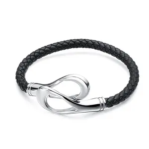 Pulseira de couro, joias personalizadas de malha trançada à mão pulseira de couro pulseira de aço inoxidável único fecho para homens