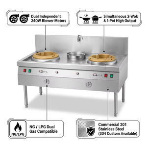 Cuisinière à gaz commerciale à 2 brûleurs, double moteur de ventilation, 240W, en acier inoxydable, gaz naturel/GPL, pour cantine, <span class=keywords><strong>restaurant</strong></span>, facile à utiliser, longue durée de vie - Product Image 3