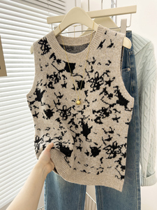 <b>Women</b> Abstract Ink Splatter Print Knit Sweater Vest Loose Sleeveless Round Neck <b>Waistcoat</b> Fall Winter Layering Outerwear OEM ODM - Product Image 1