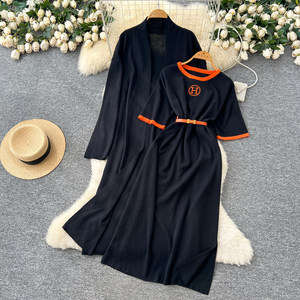 Kadin moda örgü seti Colorblock nakış T Shirt elbise uzun bel kravat ceket bayanlar ucuz <span class=keywords><strong>2</strong></span> adet Set - Product Image 6