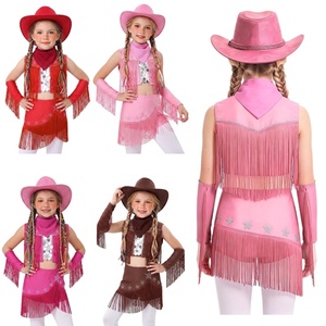 Ensemble de costume de danse western pour filles de 6 à 16 ans : chapeau de cowboy latin, bandana, gilet à franges, jupe, étoile en strass – Personnalisable - Product Image 1