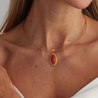 Collier ras-de-cou en fil d'acier doré avec pendentif œil de cheval en agate rouge et acier inoxydable pour femmes
