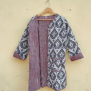 Boho <b>Long</b> Quilted Jacket Handmade Block Printed <b>Coat</b> Artistic <b>Winter</b> Wear Reversible Bohomain Jacket Vintage Cotton <b>Long</b> Jacket - Product Image 1