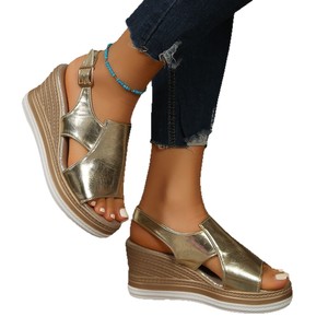 2026 Summer Women <b>Wedge</b> Sandals Thick Sole <b>Platform</b> Plus Size Hollow Out Shiny Surface Buckle Sandals - Product Image 5