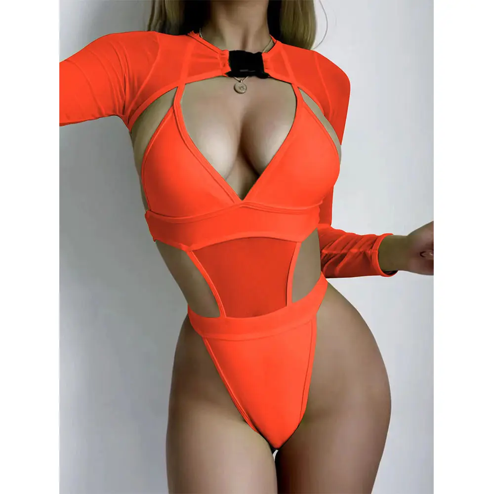 Último traje de baño de malla sexy de mujer Color sólido con cordones sin espalda Bikini conjunto de tres piezas 2024