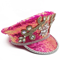 Chapeau de capitaine rose vif à sequins, orné de bijoux, accessoire de fête, festival Burning Man, musique punk, style Y2K, unisexe