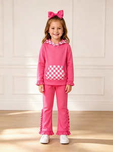 Ensembles de sweats à capuche personnalisables pour petites filles, hauts à manches longues à carreaux avec poches et pantalons à volants, tenues décontractées 2 pièces - Product Image 3