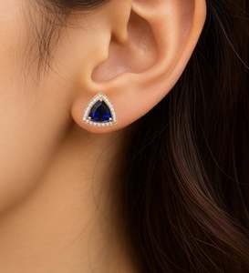 14K Gold Trillion Cut <b>Blue</b> Sapphire Natural Stone Halo <b>Stud</b> <b>Earrings</b> | Luxury Handmade Fine Jewelry | Trendy Party Gift Women's - Product Image 1