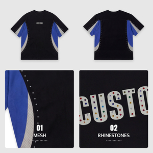 Camisetas deportivas de malla de poliéster transpirables de manga corta <span class=keywords><strong>para</strong></span> hombre con logo personalizado, estampado de bloques de color y pedrería, ideales <span class=keywords><strong>para</strong></span> el verano y el gimnasio. - Product Image 3