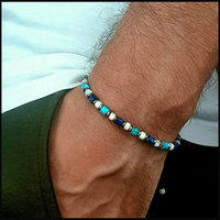 Bracelet en macramé perlé de nacre turquoise, fait main, avec sertissage circulaire, placage couleur acier naturel, certifié par une tierce partie