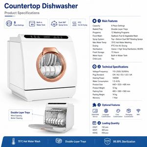 Lave-vaisselle de comptoir 8 couverts avec réservoir d'eau intégré, double rotation à 360° °   Bras de pulvérisation, séchage à chaud PTC, 12 programmes de lavage - Product Image 2