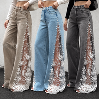 Nouveau Jean Femme Y2K de Haute Qualité à Jambes Larges avec Panneaux en Dentelle Florale, Rivets Perlés, Taille Haute, Coupe Ample et Sexy OEM ODM