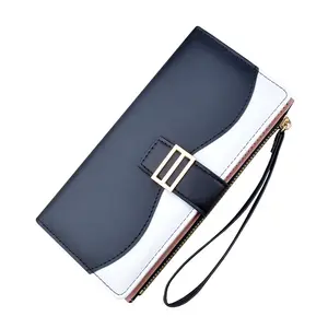 Phụ nữ sang trọng S Ví dài Bifold thiết kế với phong phú khe cắm thẻ Zipper đóng cửa màu khối mô hình và thuận tiện dây đeo tay