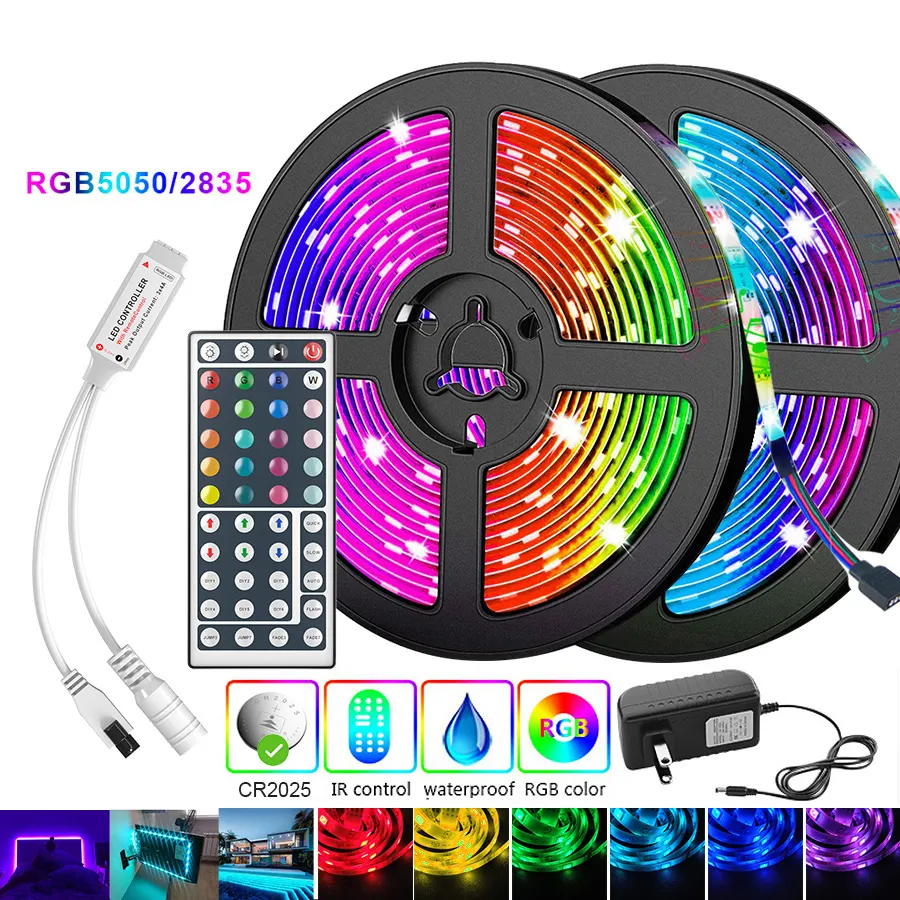 5m 10m 15m LED Strip 5050 2835 IP68 IP20 RGB Strip LED Light Flexible Ribbon Stripe DC 12V RGB Diode Tape IR Controller Adapter