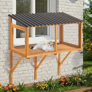 Recinto de ventana montado en la pared rústico Cat Catio expandible de madera pequeña casa de percha para mascotas para gatos de interior y exterior - Product Image 1