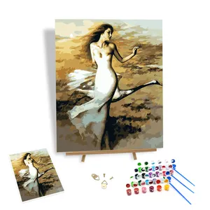 成人数字工具包手绘女孩和白鹤数字油画画布上的墙壁装饰