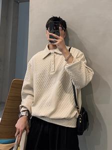 Suéter de solapa con textura gofrada 2025 para hombre, estilo retro de otoño, moderno, holgado, informal, de manga larga, color liso, Rabbit - Product Image 3