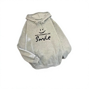 Sweat-shirt à capuche pour femme en coton gris tricoté avec poches, imprimé sourire, vêtement décontracté pour l'automne - Product Image 4