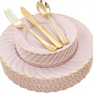 Platos Desechables Ecológicos de Plástico Blanco de 10.25'' con Borde Dorado y Platos de Postre de 7.5'' Aptos para Alimentos para Fiestas - Product Image 1