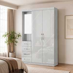 Armario de Acero de Alto Brillo para Sala de Estar y Dormitorio, Diseño Moderno, 3 Puertas <span class=keywords><strong>con</strong></span> <span class=keywords><strong>Espejo</strong></span> y 4 Cajones, Ecológico y Ahorra Espacio - Product Image 2