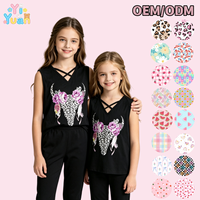 Tank Top Tanpa Lengan V-Neck Hitam Motif Silang untuk Anak Perempuan, Cetakan Leopard, Tengkorak Sapi, dan Bunga, Atasan Kasual Musim Panas untuk Anak, Pakaian Kustom